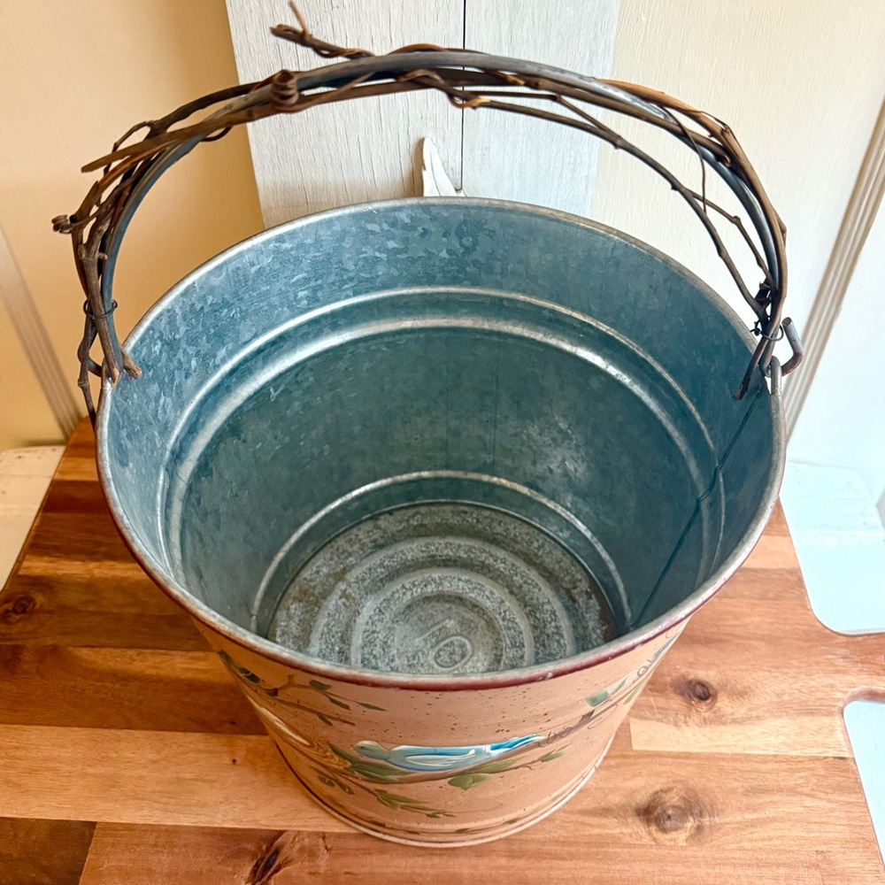Charming Cottagecore Hand Painted Birds, Vines, Nests Galvanized Metal Bucket - Picture 10 of 10